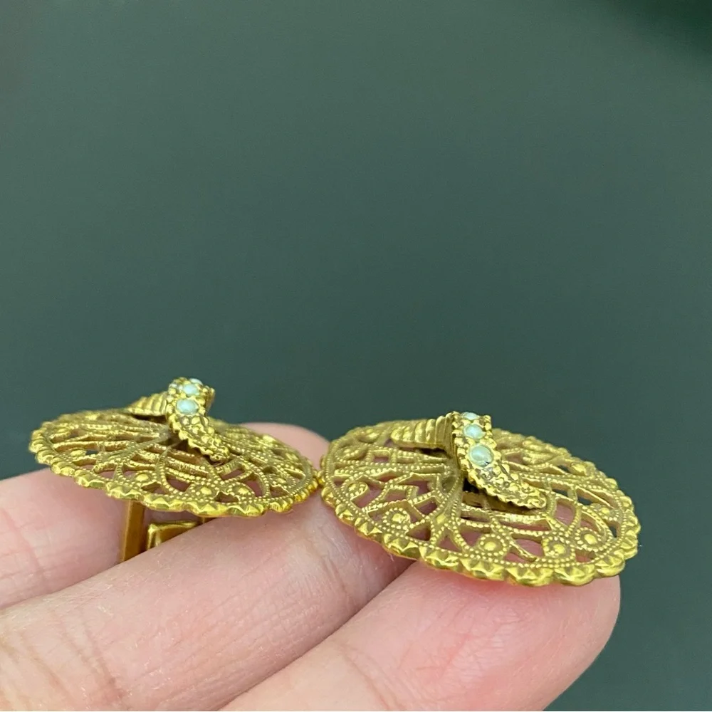 Vintage Unsigned Gold-tone Filigree Micro Pearl Beads Oval Cufflinks